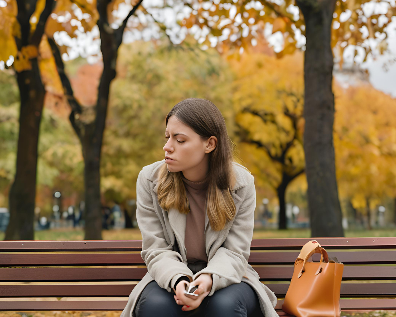 A woman sitting on a wooden bench with her eyes closed, surrounded by colorful autumn trees with orange and yellow leaves in a serene outdoor setting