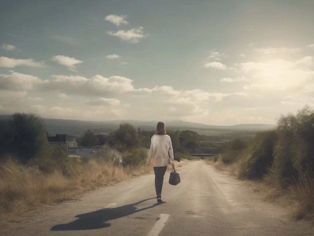 Woman walking down an empty road under a blue sky with clouds