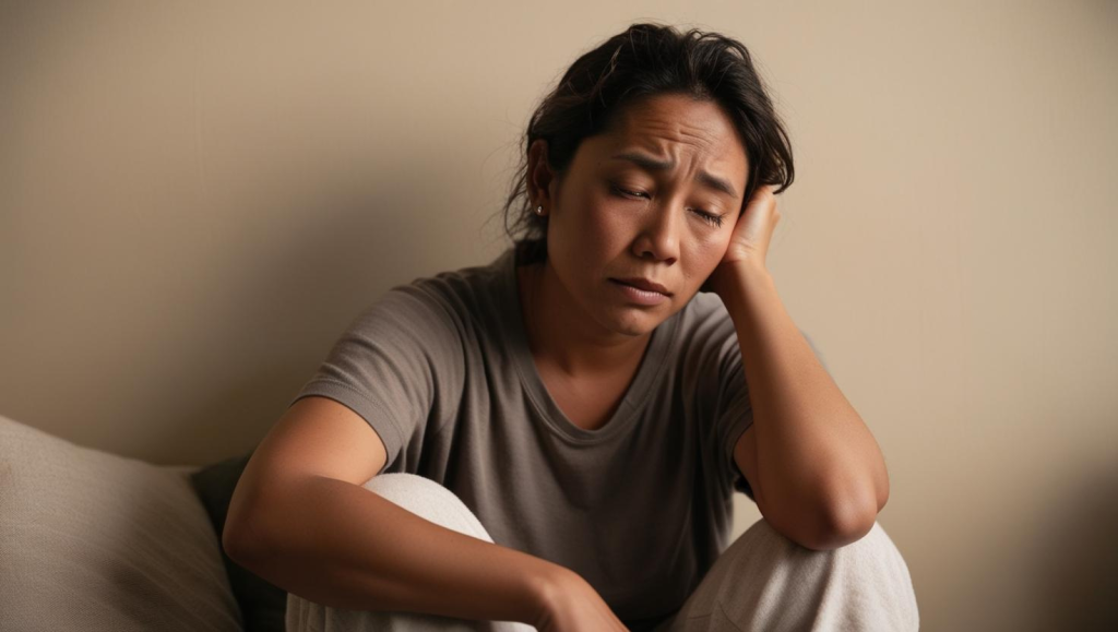 Emotionally tired woman in her late 20s sitting with a weary expression, symbolizing the effects of emotional burnout.