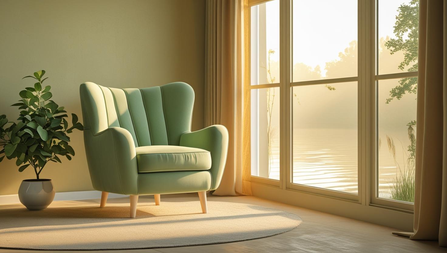 Cozy indoor space with a soft chair, green plant, and large window overlooking a peaceful lake; tree shadow filters through sunlight, creating a warm and calming atmosphere that invites quiet reflection