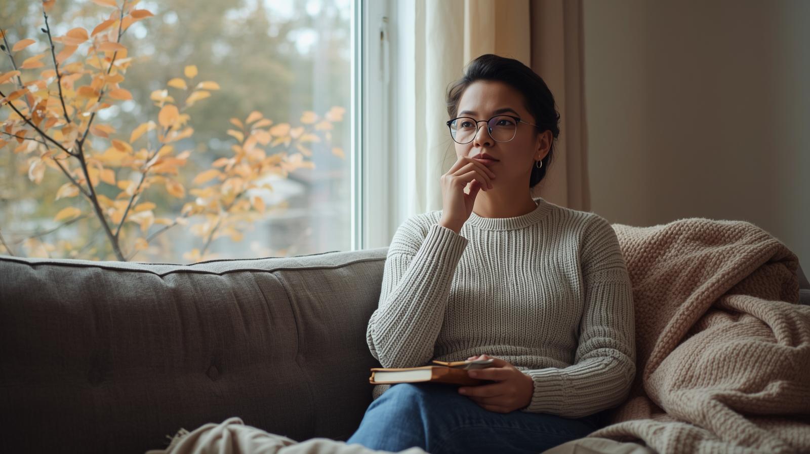 Ontario adult sitting thoughtfully in a cozy living room.